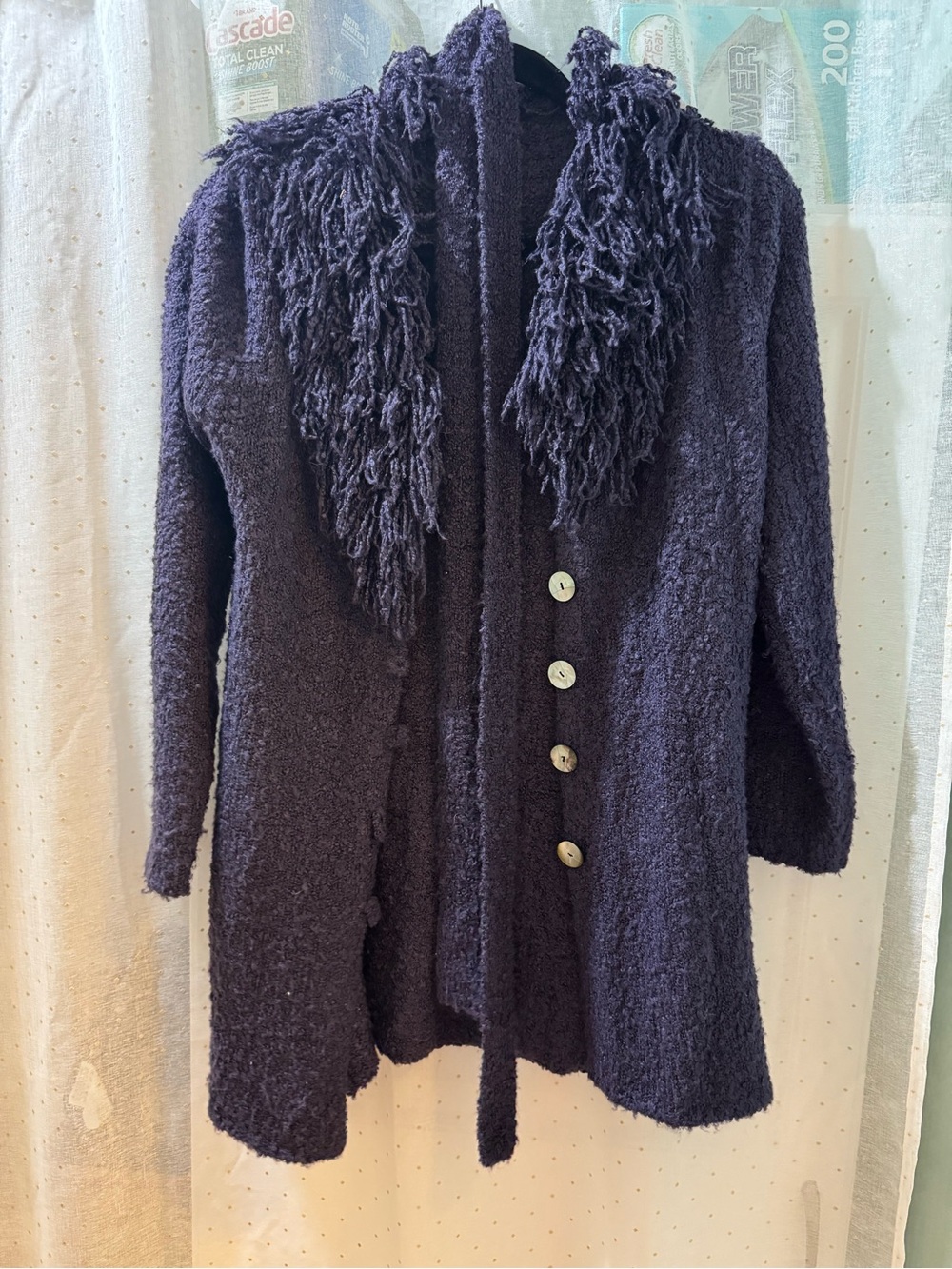 Textured Fringe-Collar Teddy Jacket in Deep Navy